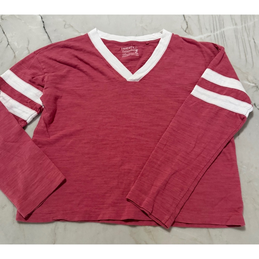 Faherty Sunwashed Organic Cotton V-Neck Long Sleeve Tee Pink Stripe Large